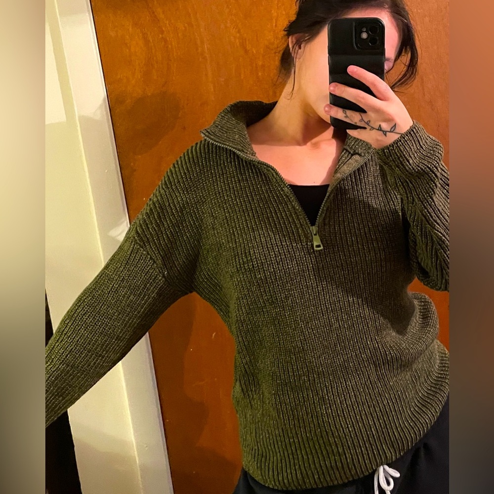Green quarter zip thick knit sweater